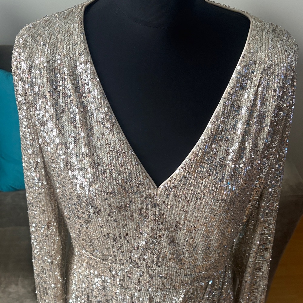 Calvin Klein sequin Glittering Silver Long Sleeve Dress